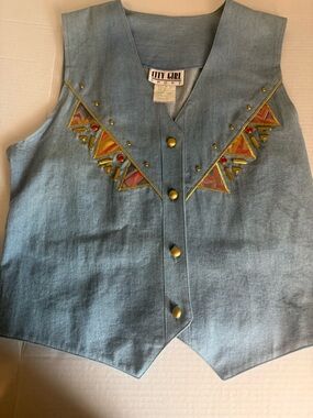 City Girl Denim Embellished Vest - Blue with Multicolor Trim size 8